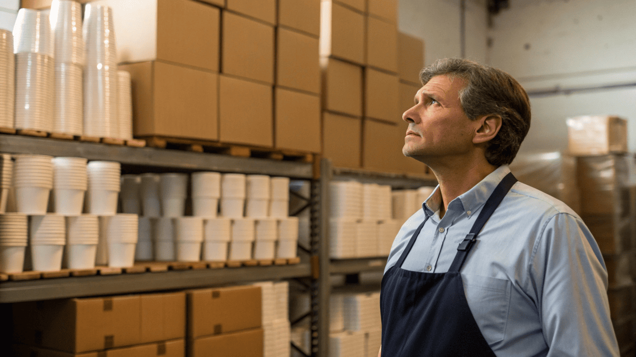 Storage and Logistics Challenges for Custom Cups A small business owner looking concerned in a stockroom filled with boxes of cups