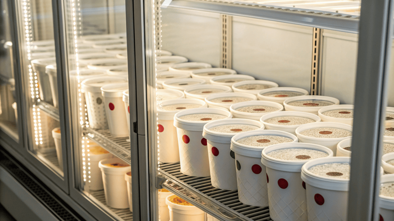 A retail freezer aisle stocked with custom-branded pint tubs of ice cream