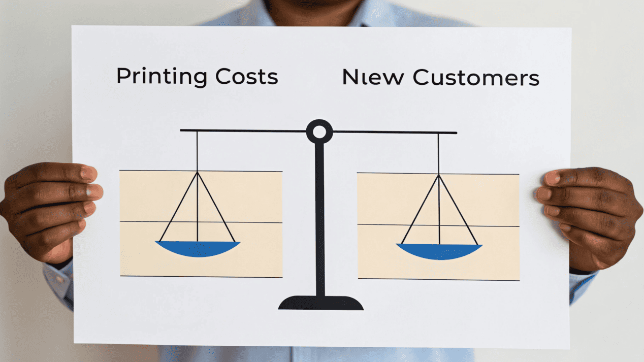 Calculating ROI for Custom Cups A simple diagram showing a scale balancing the cost of printing against the value of a new customer