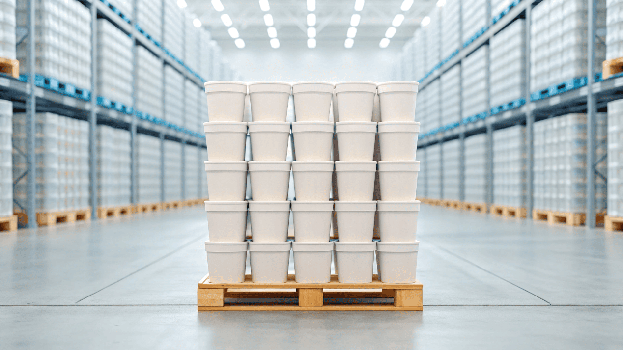 Ice Cream Cup Logistics and Product Protection A pallet of neatly stacked ice cream tubs in a warehouse, showing logistical efficiency.