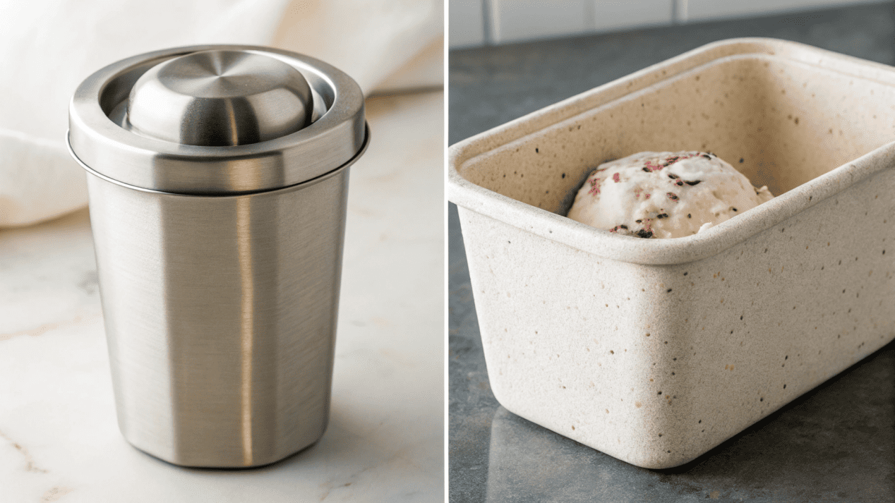 Sustainable and Circular Ice Cream Packaging Materials A reusable stainless steel ice cream container next to a modern molded pulp tub