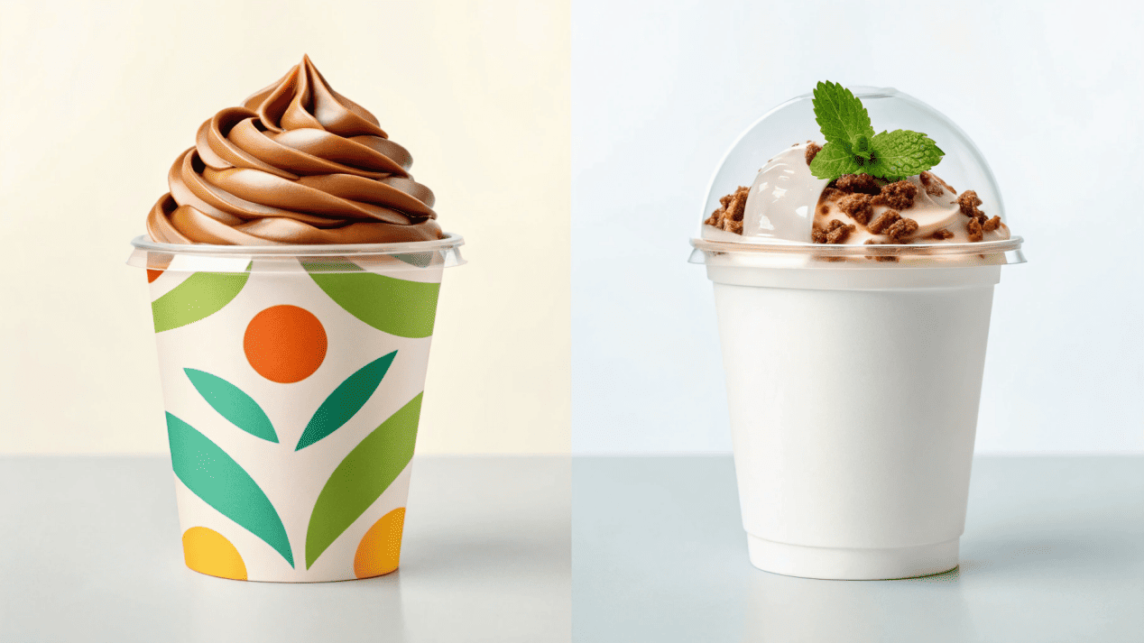 A side-by-side comparison of a branded paper ice cream cup and a clear PET plastic cup with froyo