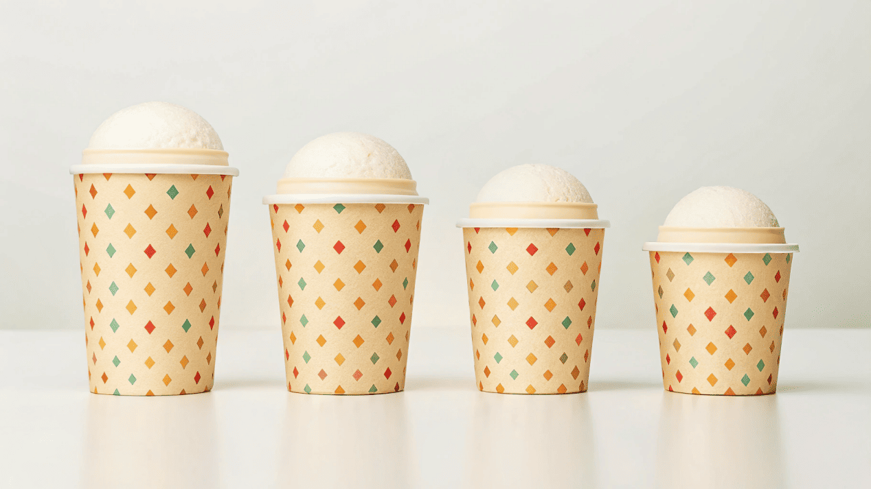 A lineup of small, medium, and large ice cream cups showing the size range