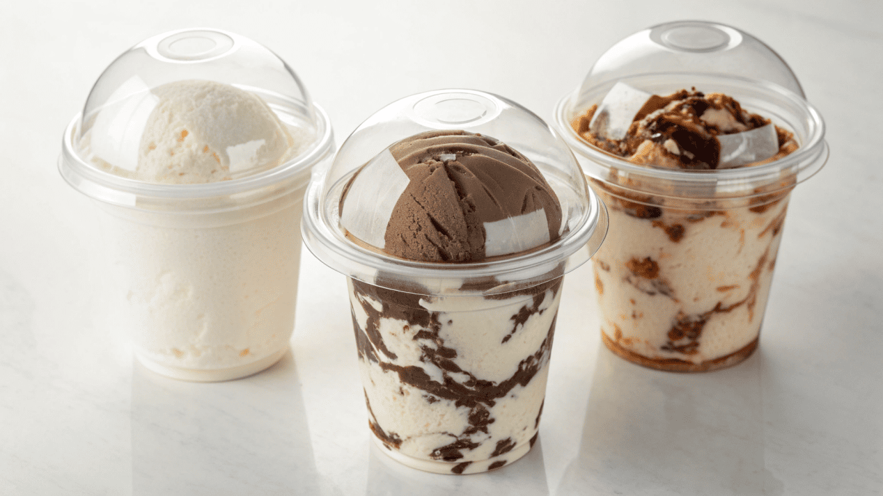 A display of flat lids, dome lids, and lids with compartments for ice cream cups
