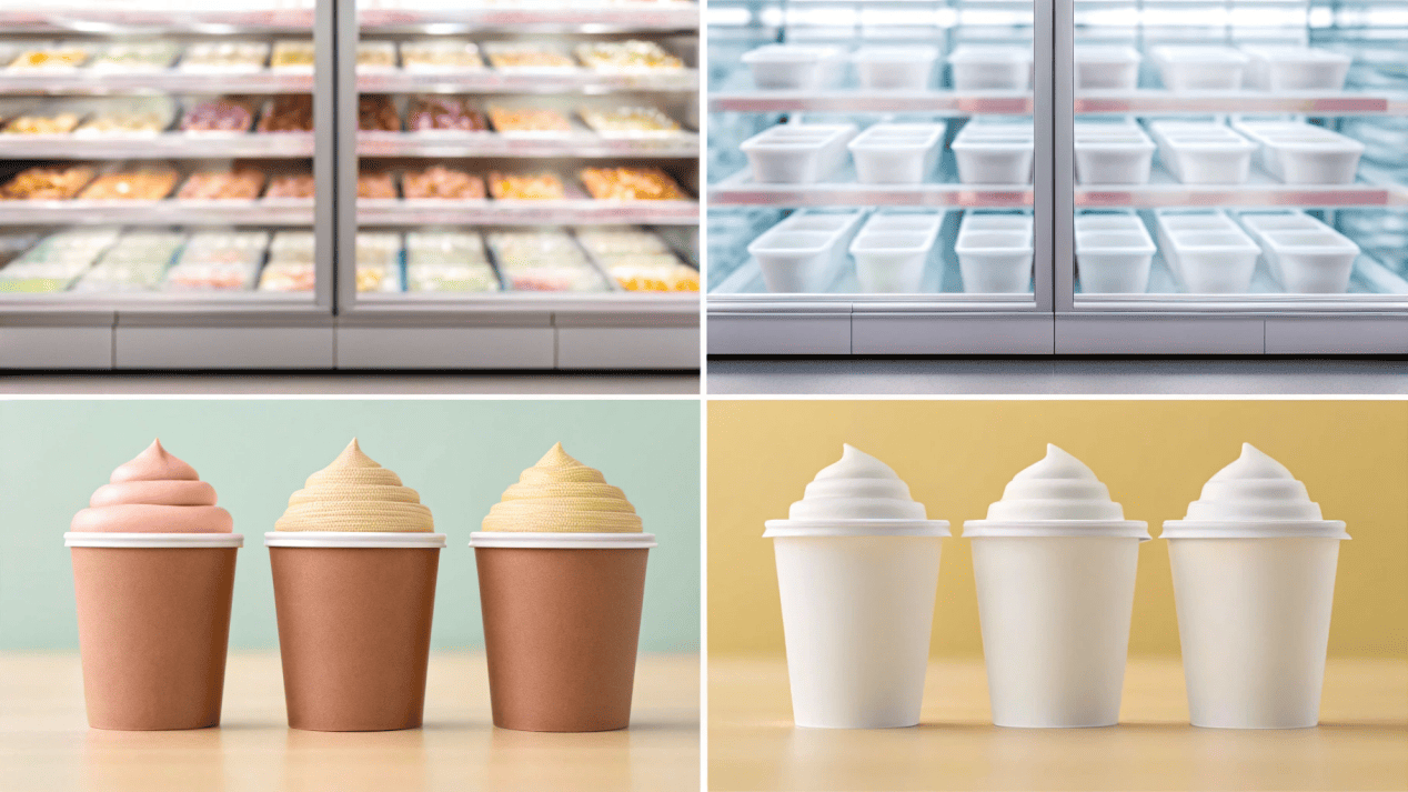 A collage showing ice cream cups used in a local shop, a restaurant, and a grocery store freezer