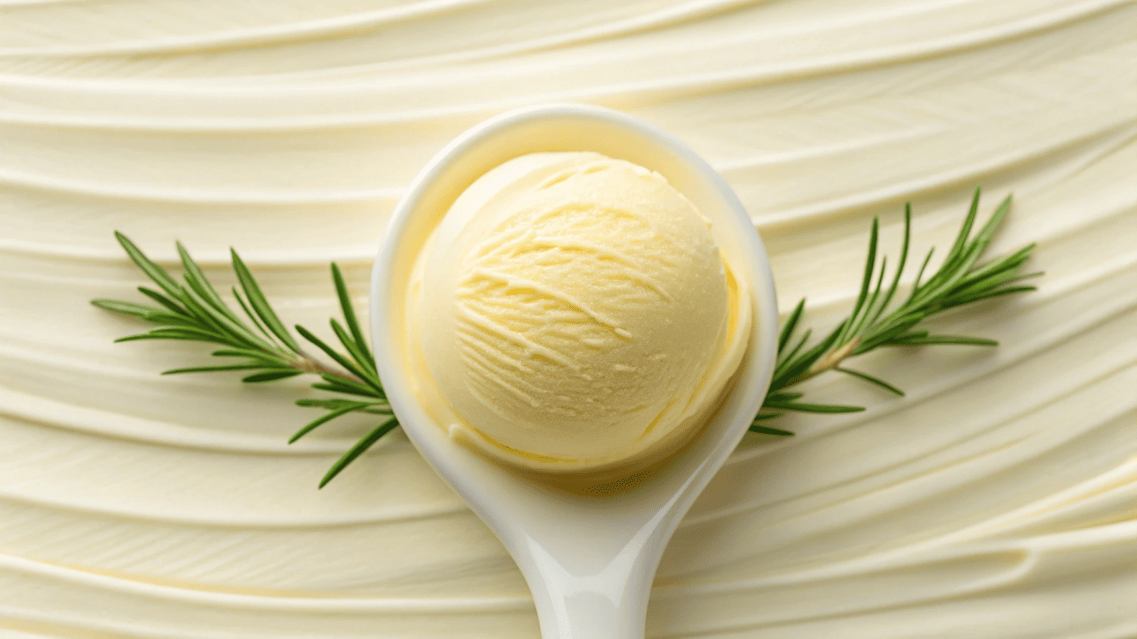 Unique and Savory Ice Cream Flavors A scoop of olive oil ice cream next to sprigs of rosemary.