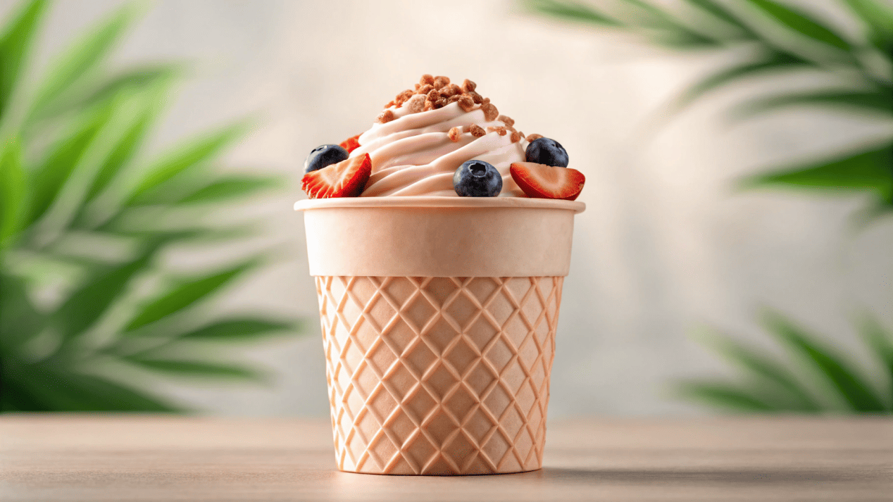 Premium and Sustainable Ice Cream Packaging An organic vegan ice cream served in a beautiful, certified compostable paper cup.