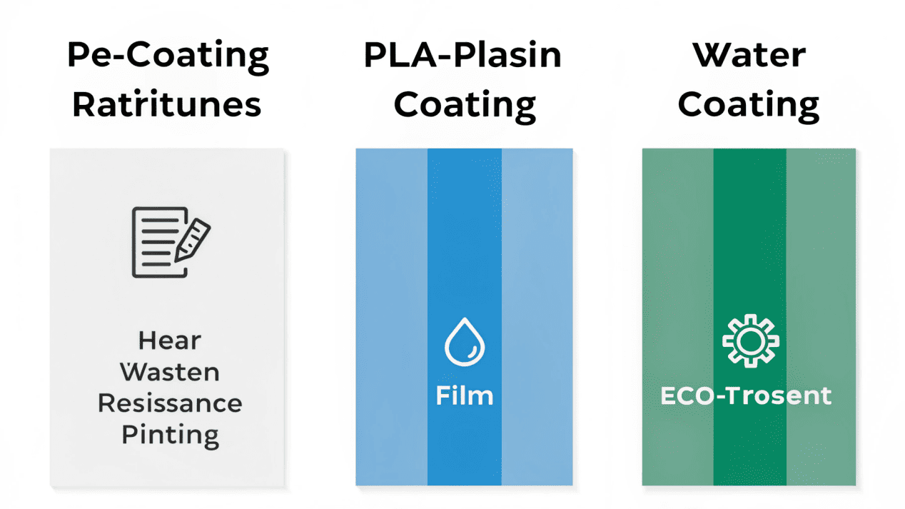 Coating Options for Kraft Paper Cups An infographic comparing PE, PLA, and water-based coatings on Kraft paper.