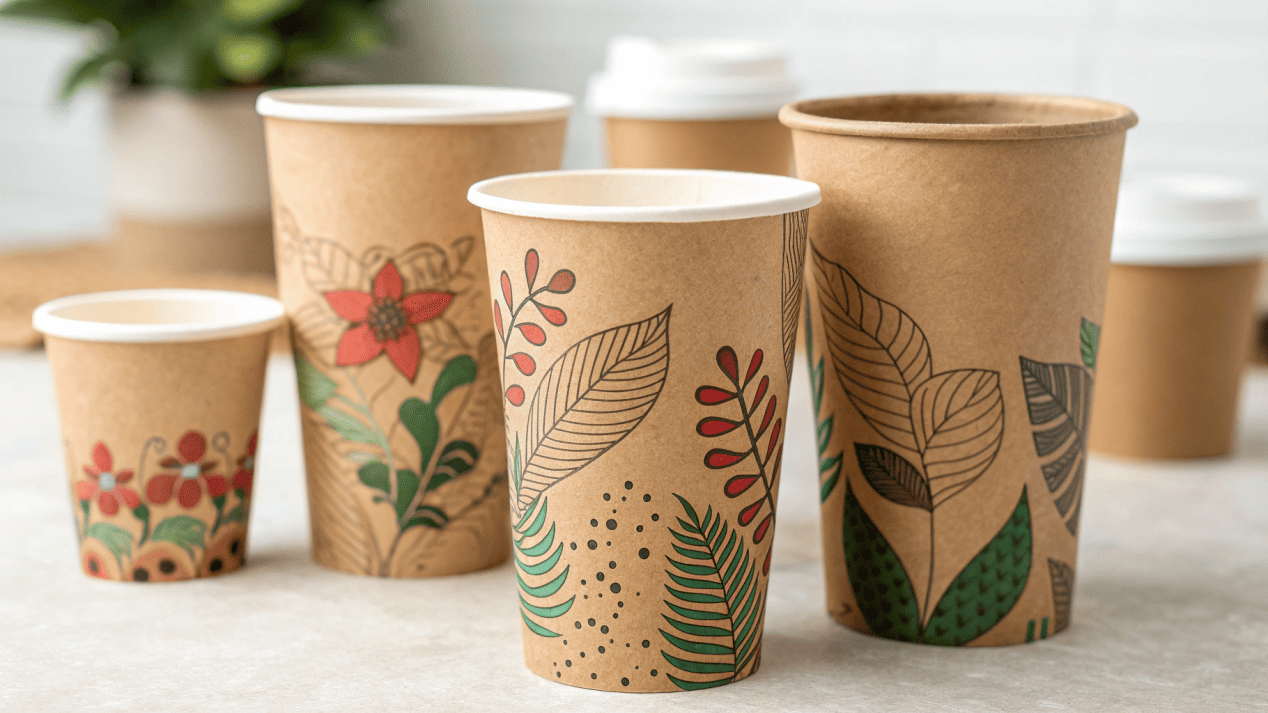 Printing Designs on Kraft Paper A display of Kraft paper cups with different beautiful print designs.