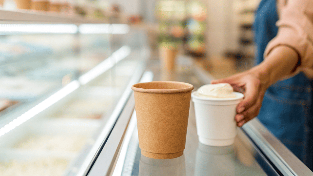 Market Trend of Conscious Consumerism A customer in a grocery store choosing an ice cream in a Kraft cup over one in a white cup.