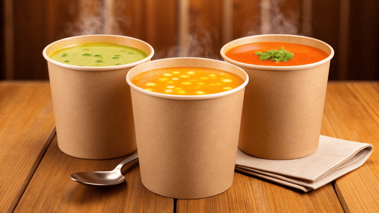 A display of stylish Kraft paper soup bowls with custom logos, filled with various soups