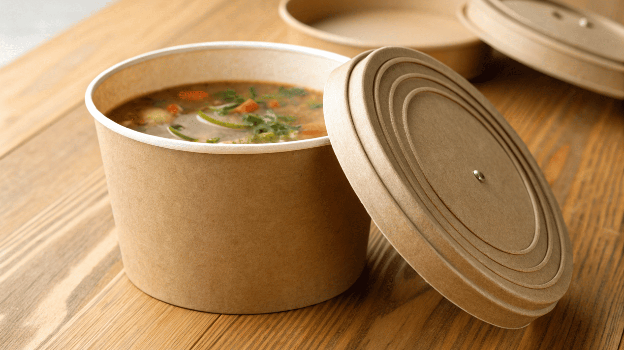 A close-up of a Kraft soup bowl lid clicking securely into place, showing a tight seal