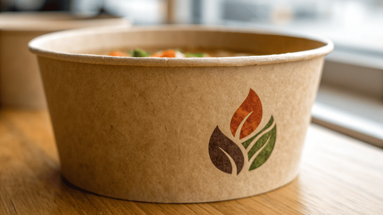 A beautifully printed custom logo on the side of a Kraft paper soup bowl