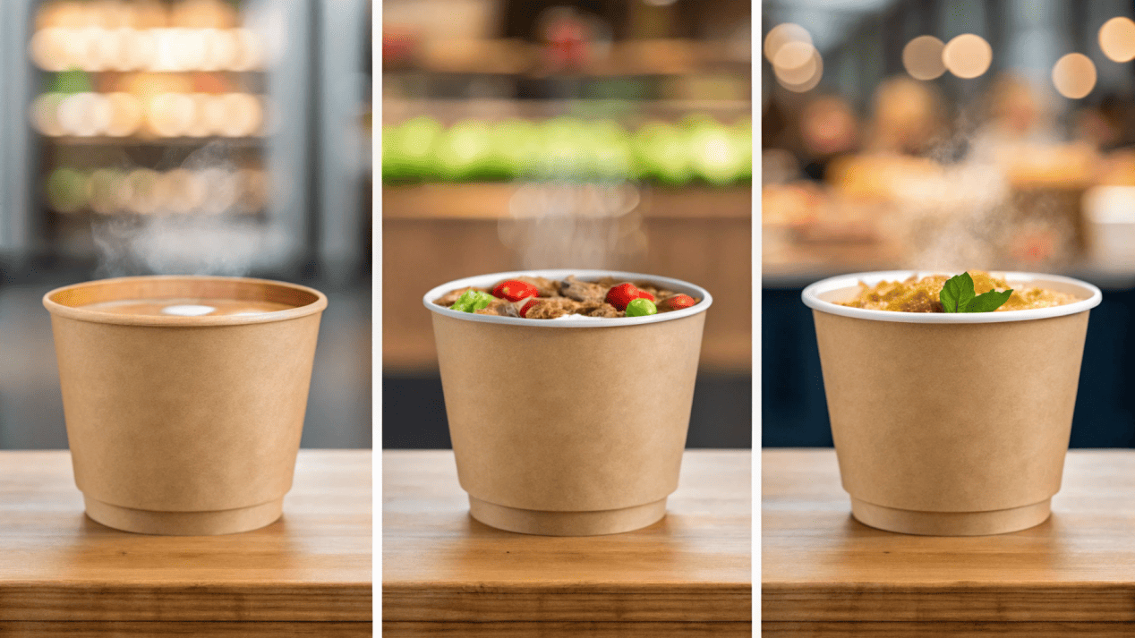 A collage of different food businesses—a deli, a cafe, a catering event—all using Kraft soup bowls