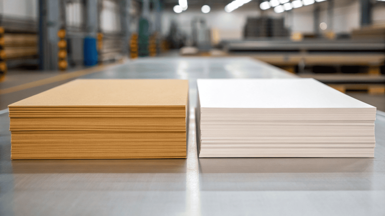 A stack of Kraft paper and a stack of brilliant white bleached board ready for production.