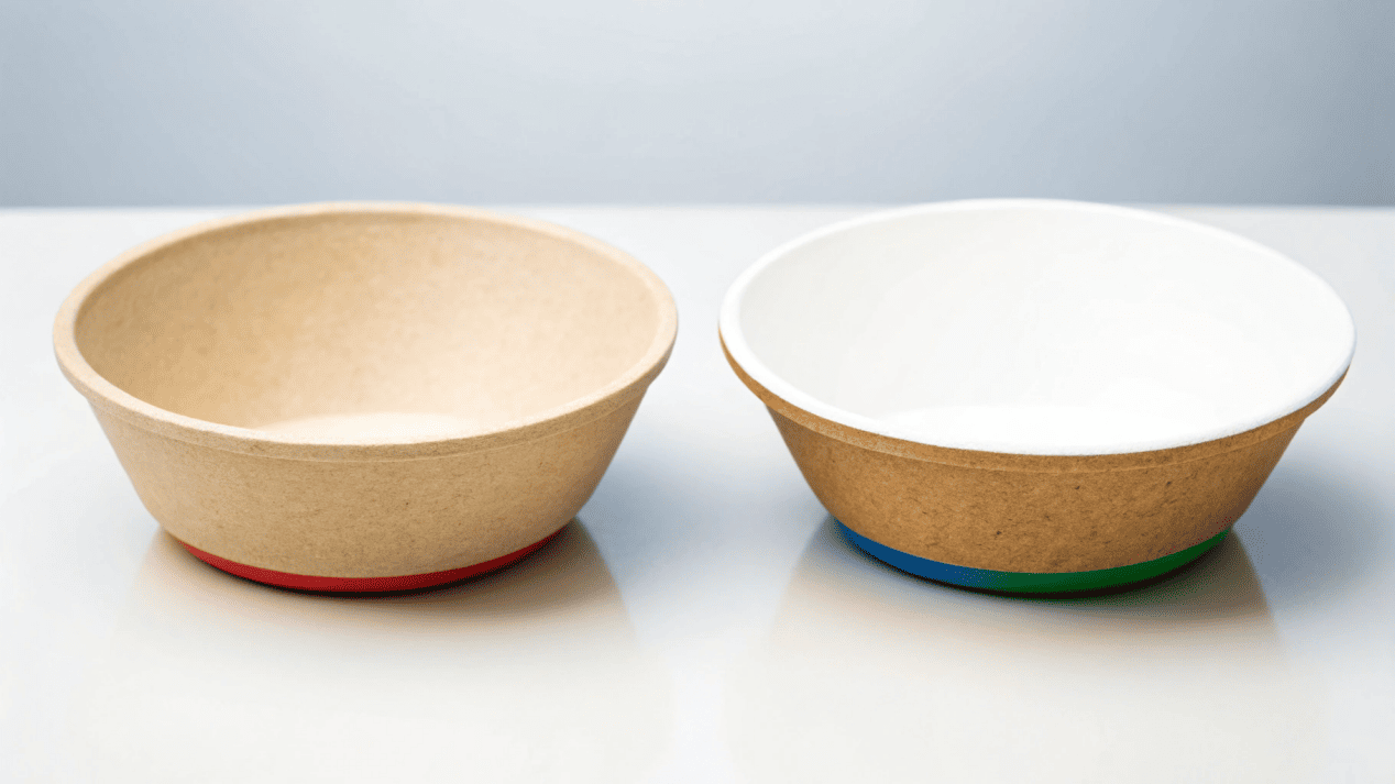 A side-by-side comparison of a Kraft bowl and a bleached board bowl with the same colorful logo.