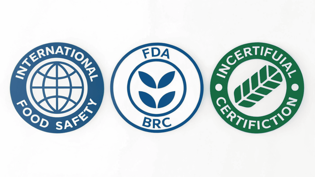 A collection of food safety certification logos like FDA, BRC, and ISO.