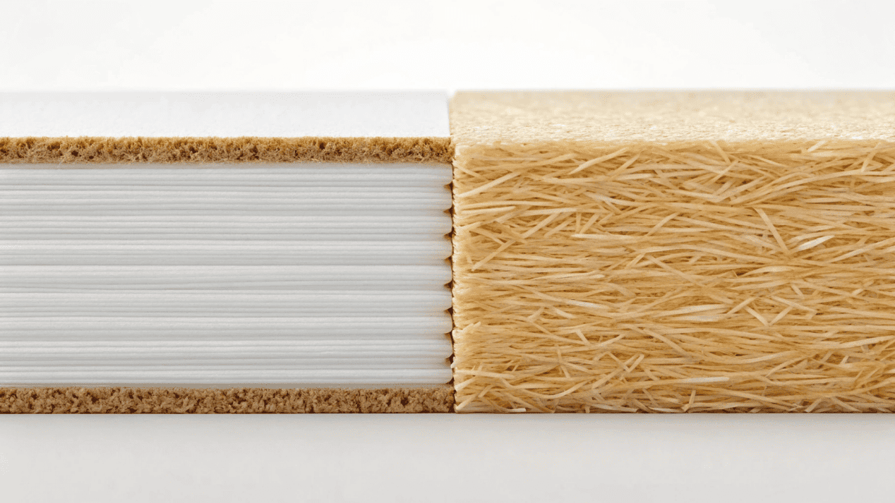 A close-up view of the cross-section of PE coated paper, showing the paper fibers and the thin plastic layer.