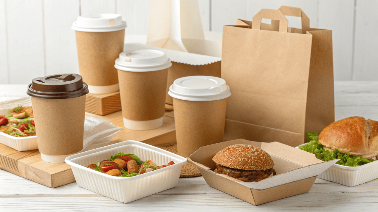 A collection of various food packaging products made from PE coated paper.