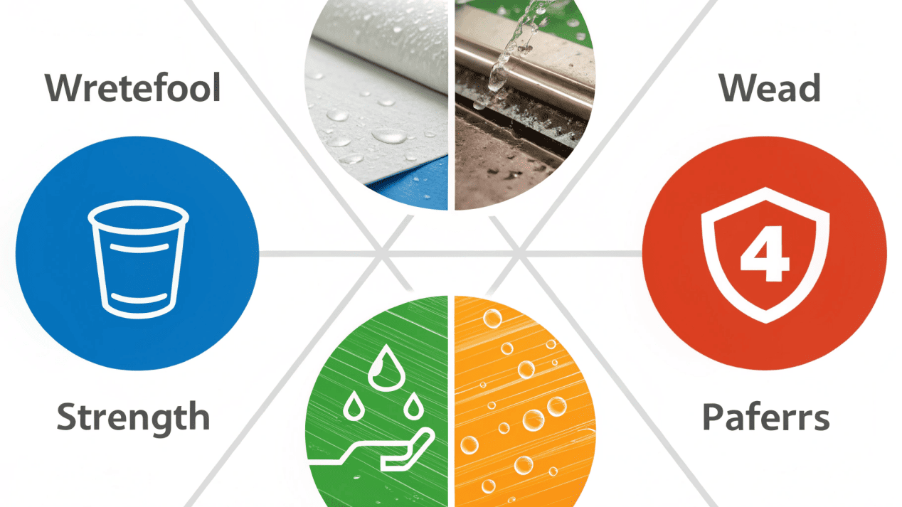 A diagram showing the four key benefits of PE coating: waterproof, strength, heat sealability, and hygiene.