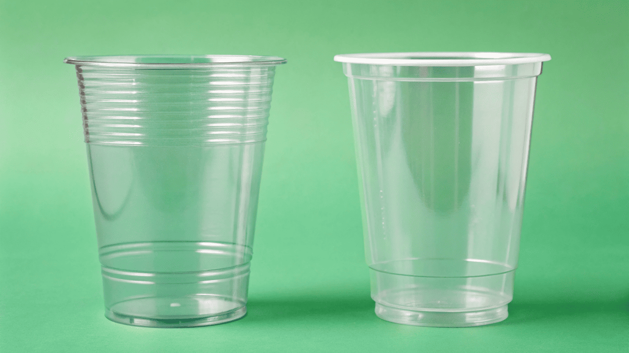 A clear PET plastic cup and a clear PLA bioplastic cup side by side with a green background.