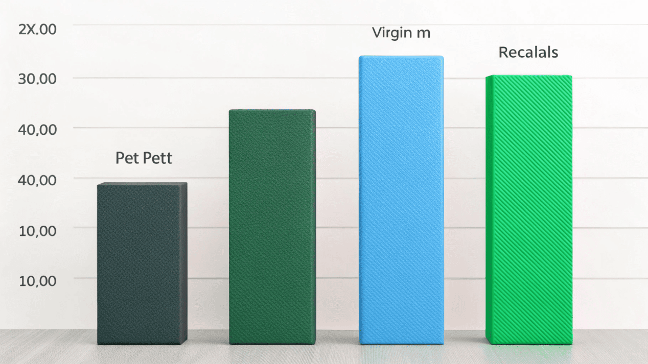A chart comparing the carbon footprint emissions of virgin PET, recycled PET, and PLA.