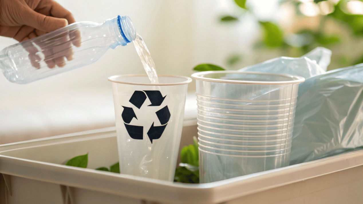 A PET cup with the #1 recycling symbol next to a PLA cup being sorted into a trash bin.