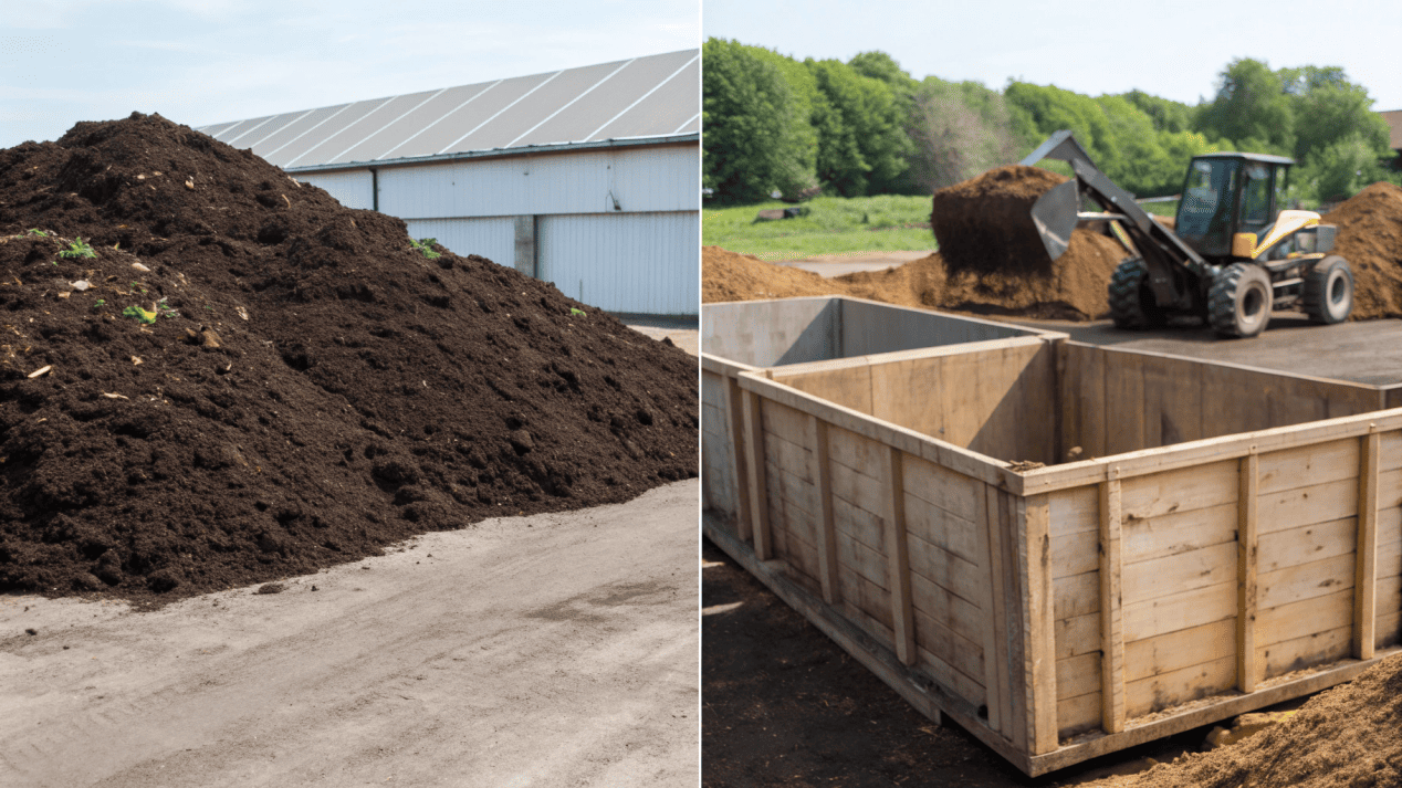 An industrial composting facility with large piles of compost next to a small backyard compost bin.