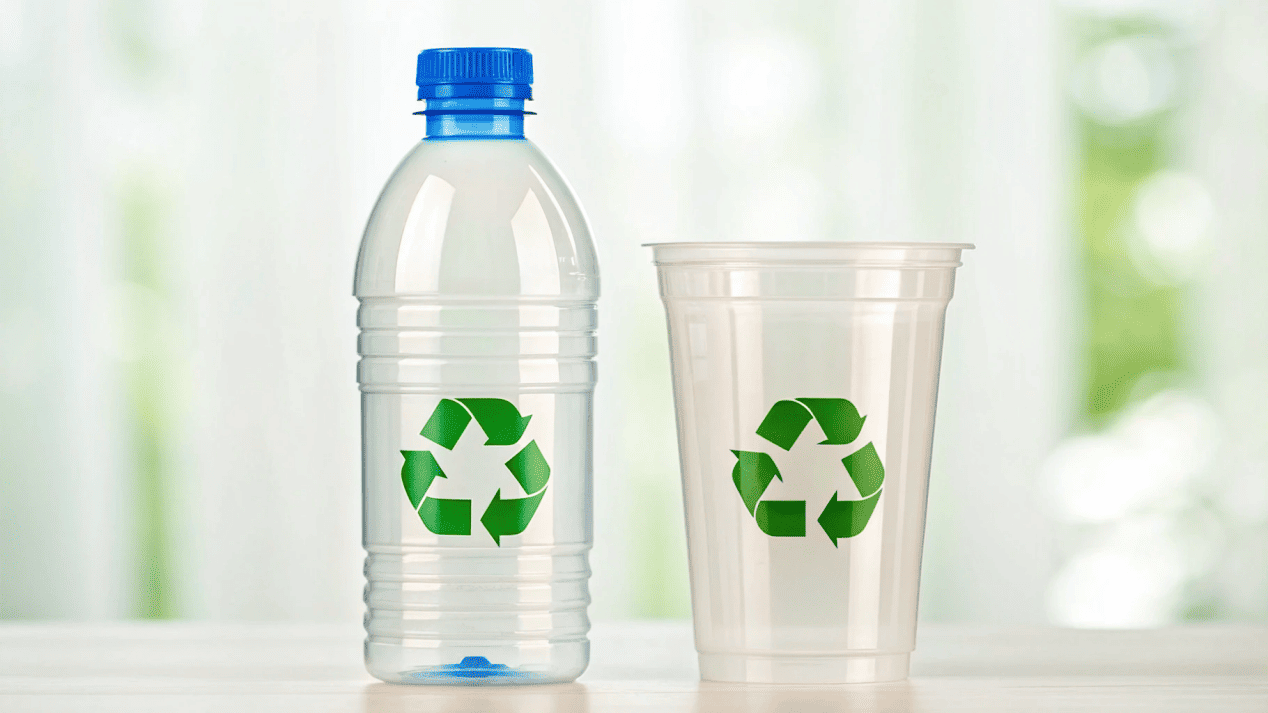 A PET bottle with a "25% Recycled Content" label and a PLA cup with a "Commercially Compostable Where Facilities Exist" label.