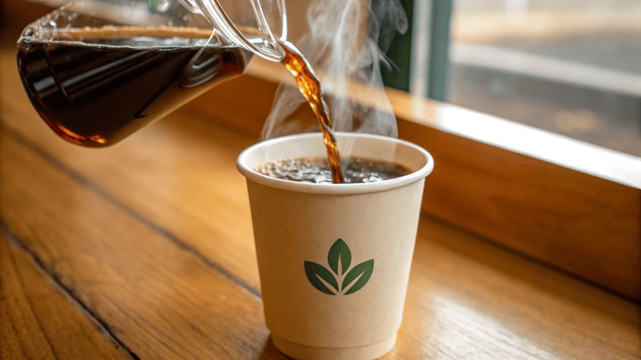 A close-up of a hot coffee being poured into a PLA-coated cup, showing no leaks or structural weakness.