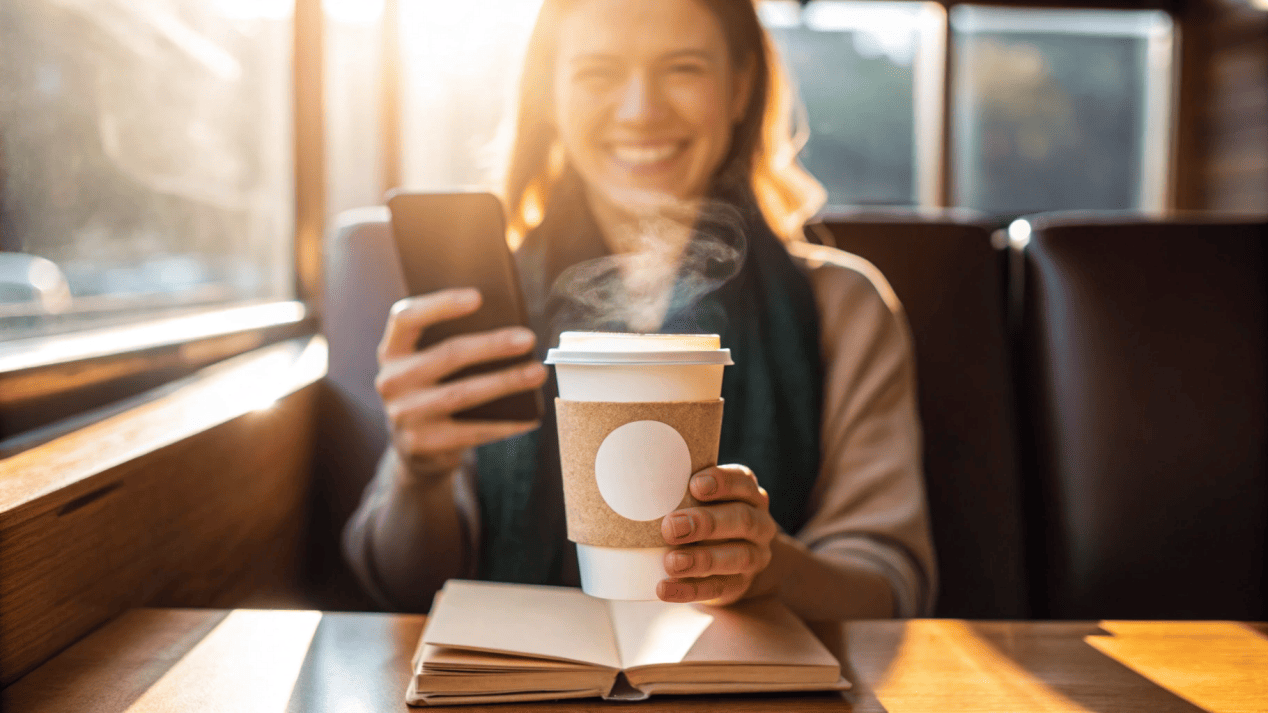 A happy customer taking a photo of their coffee in a branded PLA cup for social media.