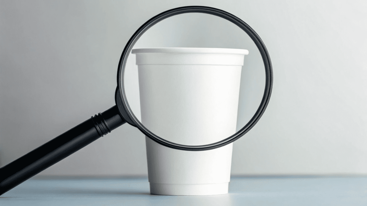 Navigating Packaging Regulations A magnifying glass hovering over the fine print of a cup's environmental claim.
