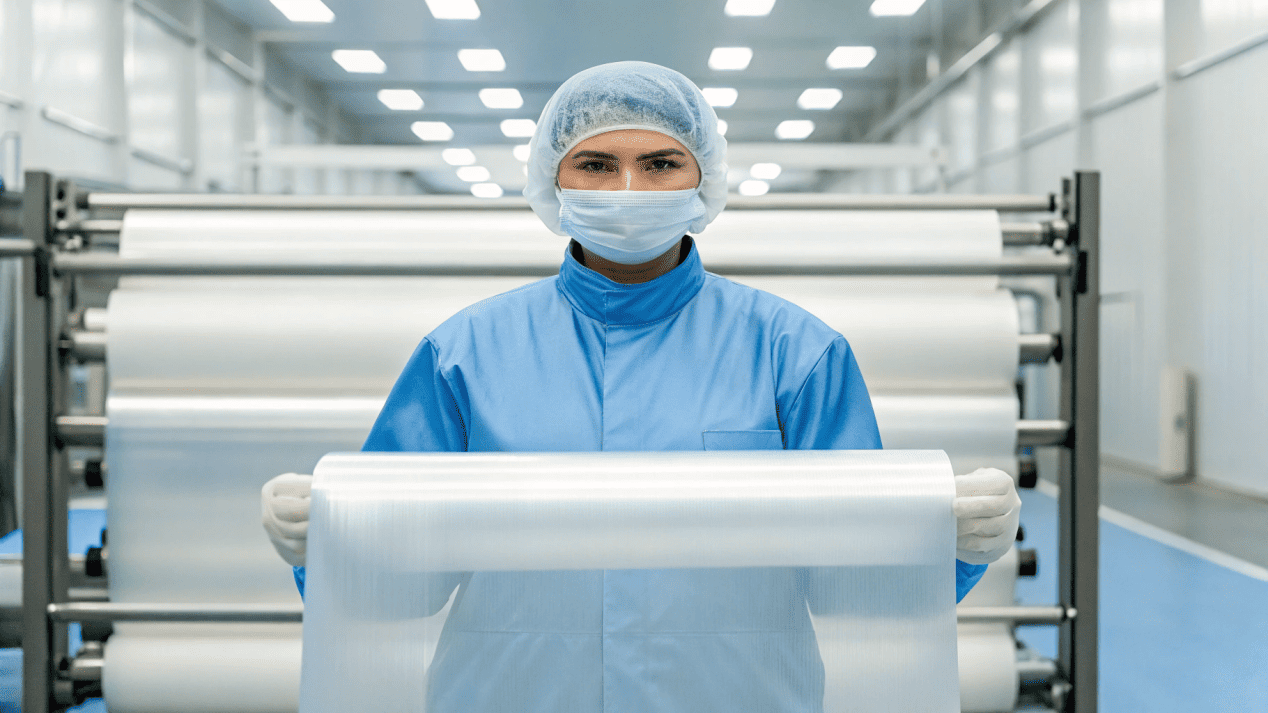 A factory worker inspecting a roll of clear PLA film for quality control