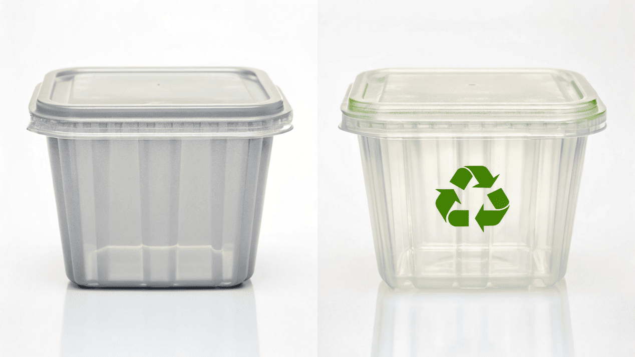 A side-by-side comparison of a traditional PE plastic container and a clear PLA container