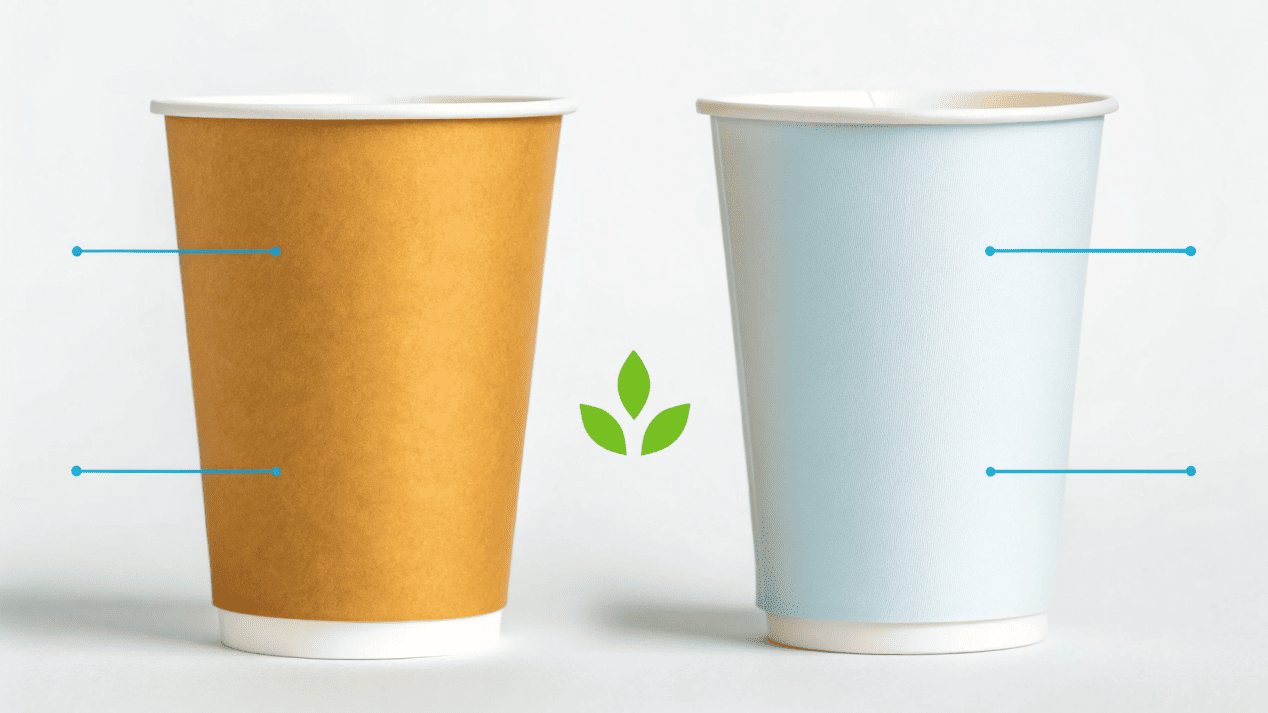 PLA vs. PE Coated Paper Cups A cutaway view showing the PLA coating on one paper cup and the PE coating on another.