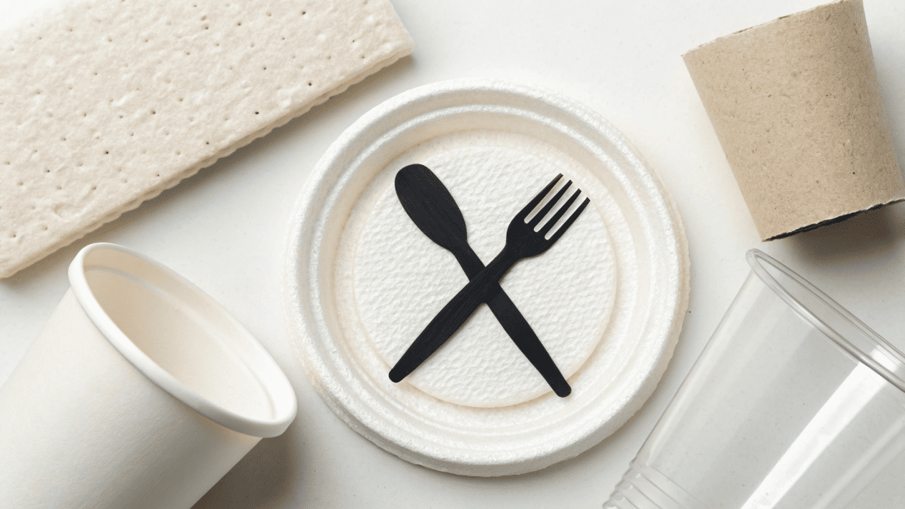 Food Contact Safety of Coatings An icon of a fork and cup, a universal symbol for food-safe material, between a PLA and a PE sample.