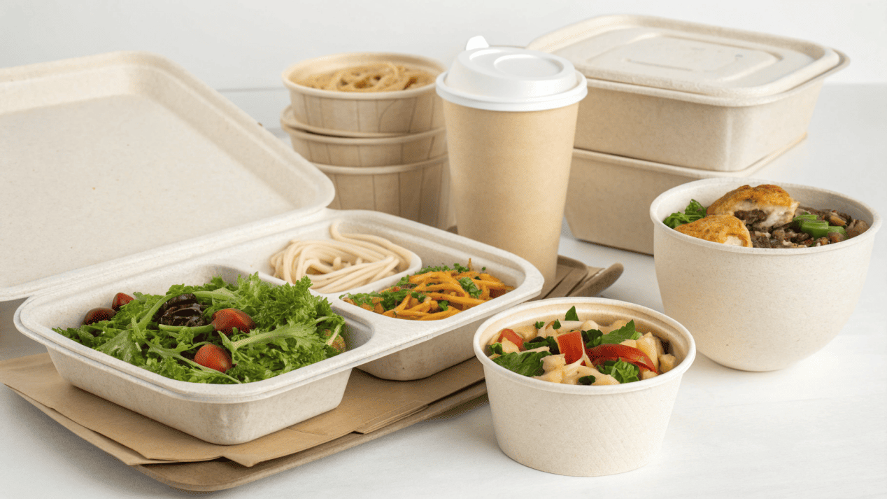 Recyclable and Compostable Packaging Examples of bagasse, PLA, and paperboard food containers