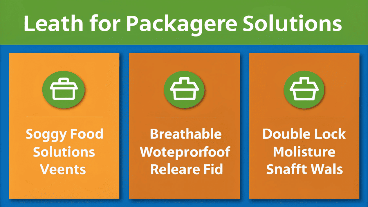 Solving Delivery Packaging Failures A diagram showing solutions for soggy, spilled, and crushed food