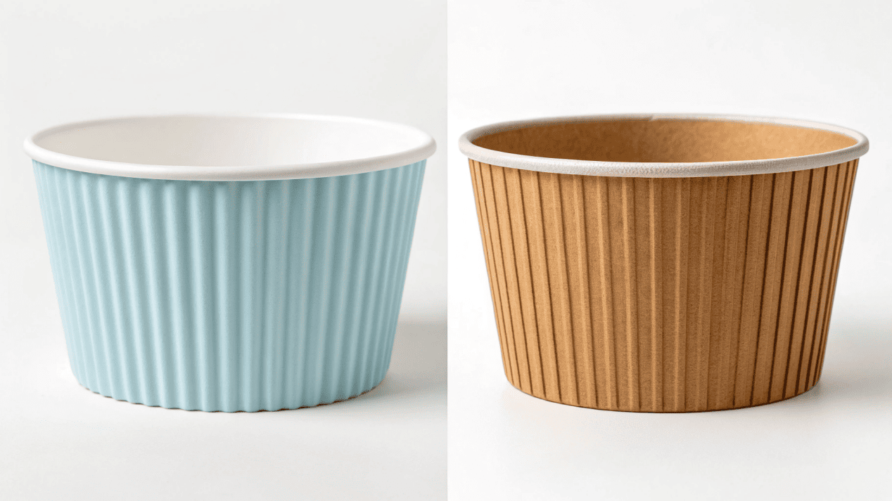 Comparing a double-wall and a ripple-wall paper soup bowl side by side