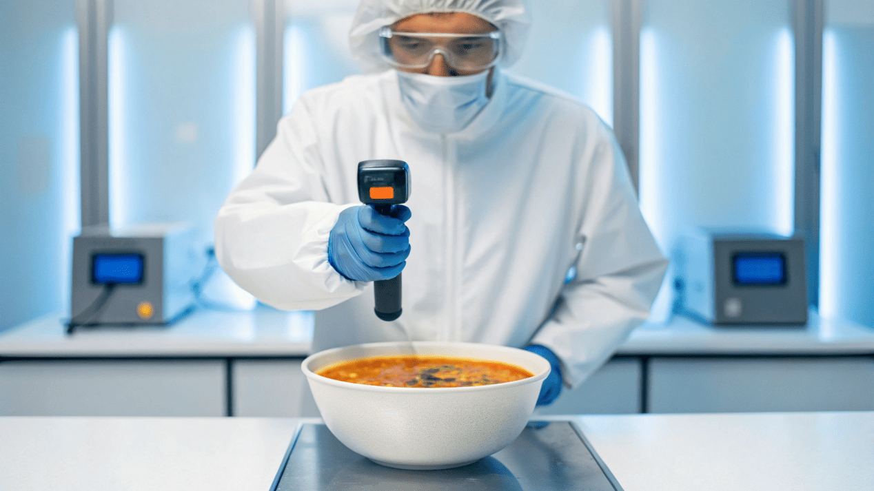 A lab technician using an infrared thermometer to test the external temperature of a hot soup bowl