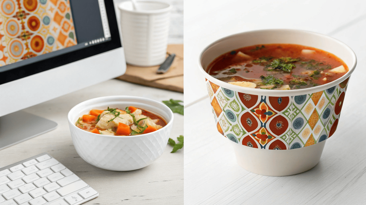 A digital proof of a branded soup bowl design next to the finished, printed product
