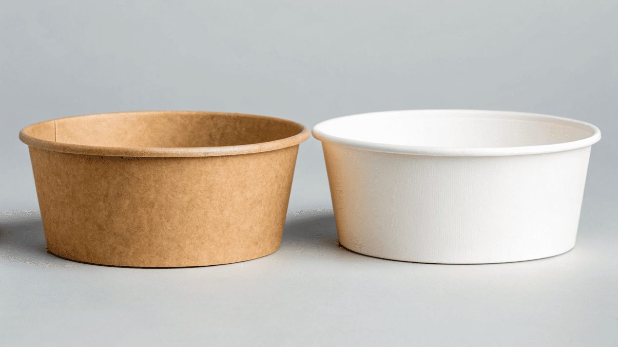 A side-by-side comparison of a Kraft paper bowl and a White paper bowl.