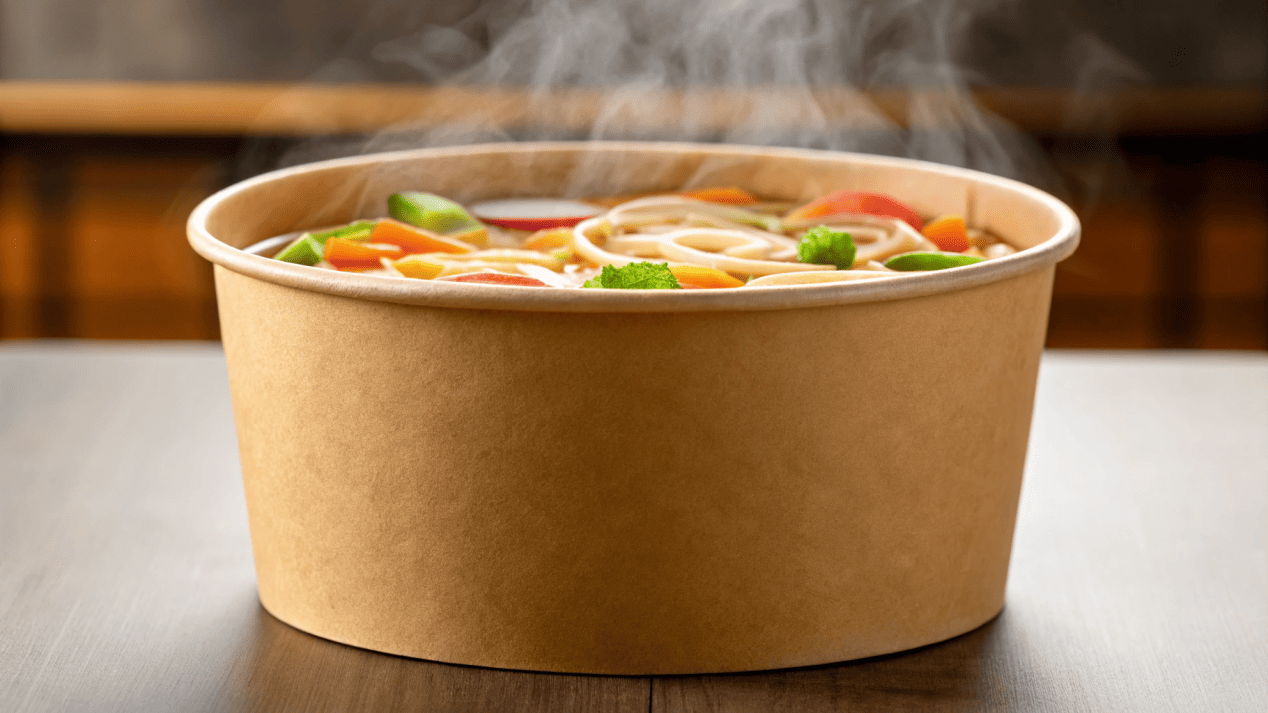 Strong and Leak-Proof Paper Bowls for Soup A durable paper bowl holding hot soup, demonstrating its strength and leak resistance.