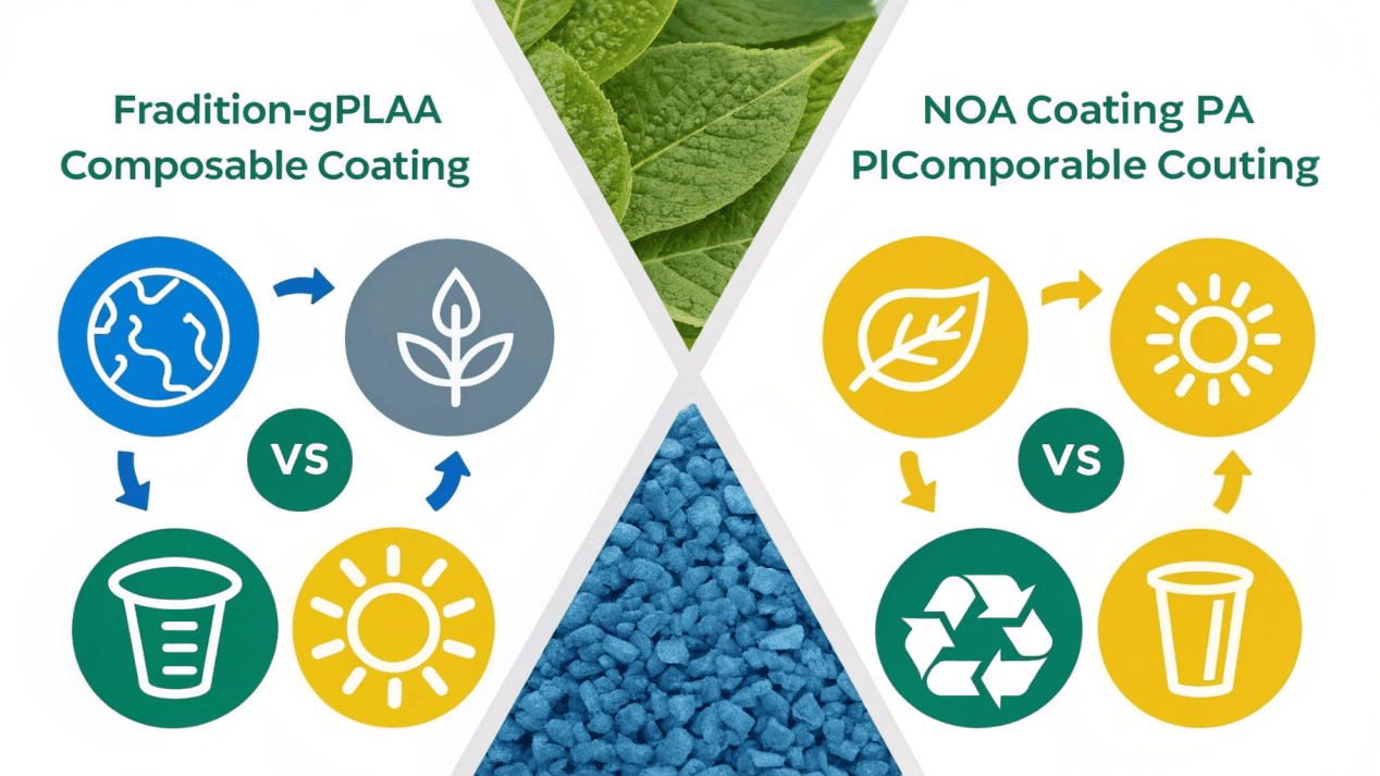 Eco-Friendly Coatings for Paper Bowls An infographic showing the difference between a traditional PE coating and a compostable PLA coating.
