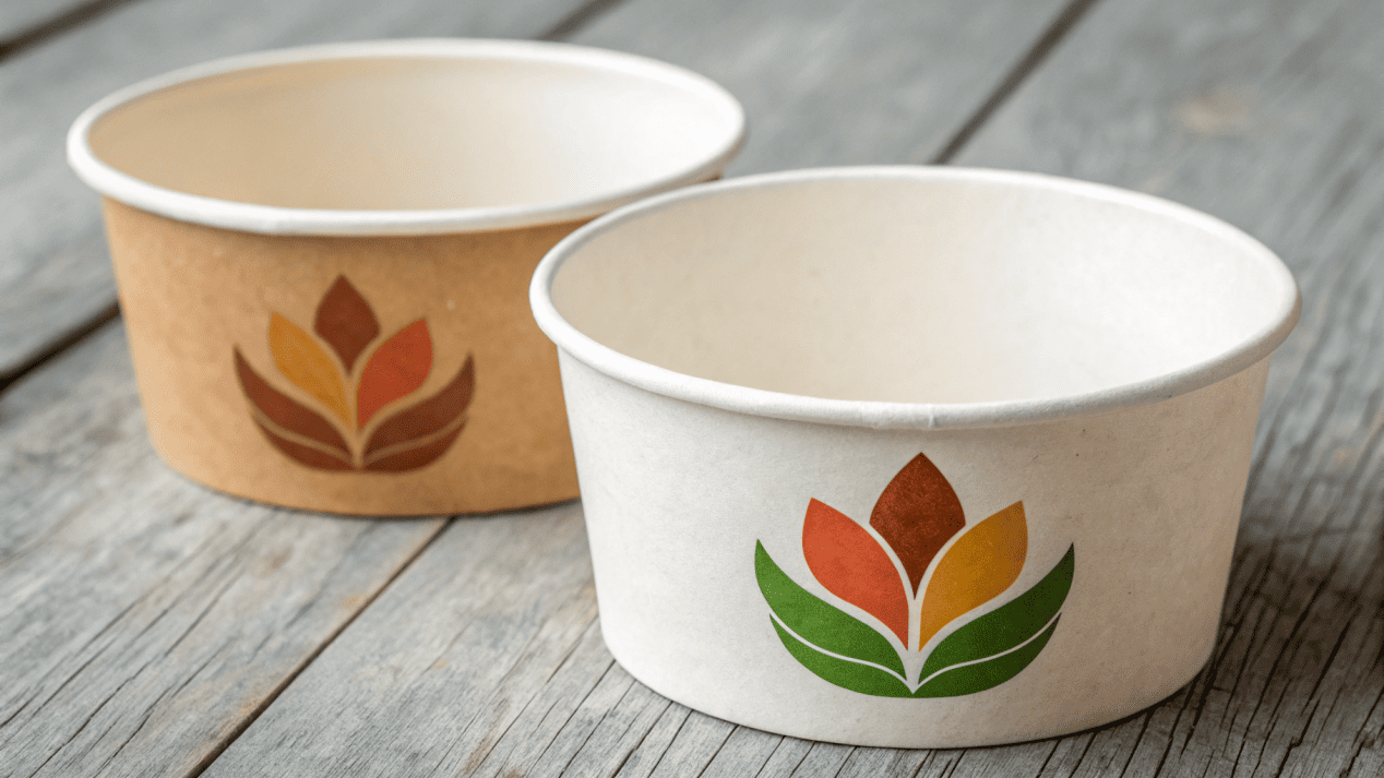 A logo printed on a Kraft bowl versus the same logo on a white bowl.