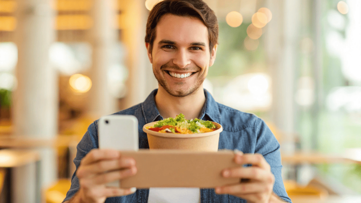 Branding Opportunities with Paper Bowls A happy customer taking a photo of their meal in a custom-printed paper bowl for social media.