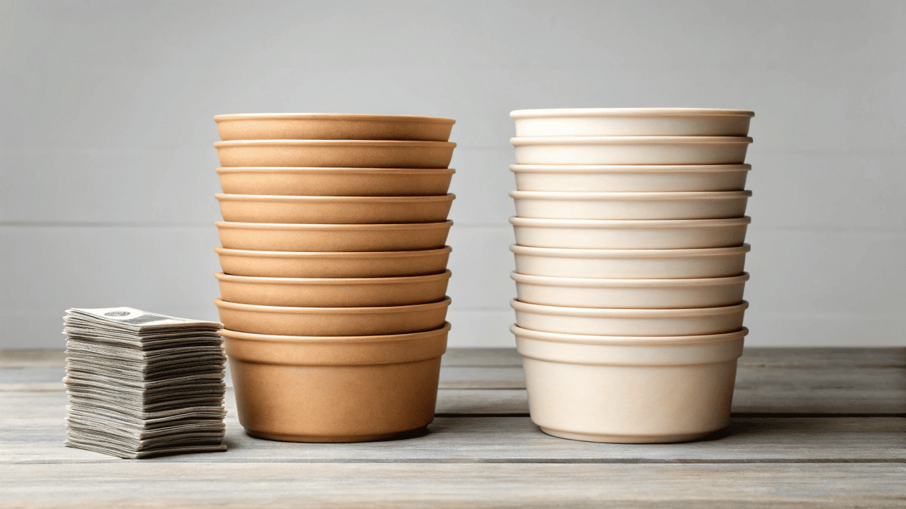 A stack of Kraft bowls next to a stack of cash, and a stack of white bowls next to a slightly larger stack of cash.
