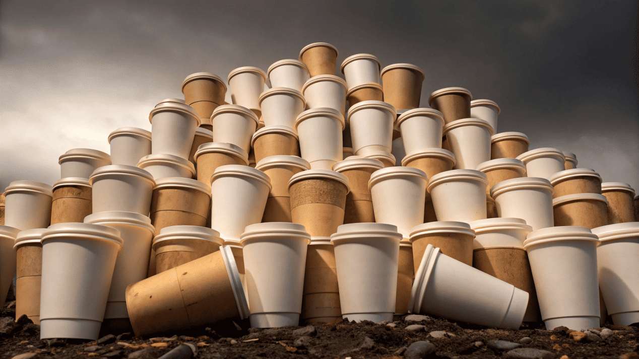 The hidden waste from paper coffee cups A mountain of used coffee cups in a landfill.