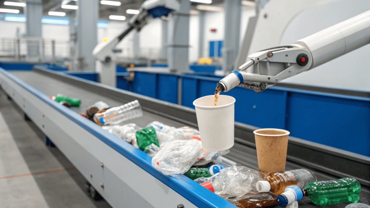 Paper Cup Recycling Contamination An illustration of a paper cup being rejected from a recycling sorter belt.