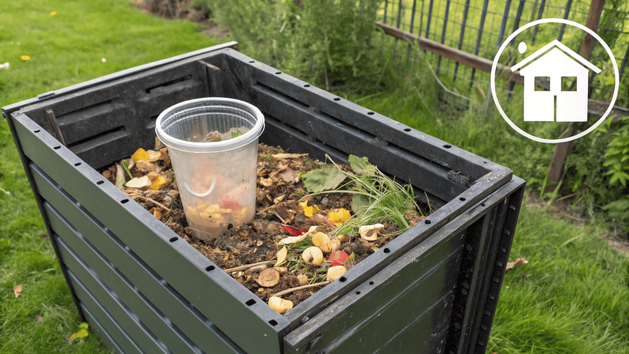 Limitations of PLA Compostable Cups A graphic showing a PLA cup in a backyard compost bin not breaking down, next to an industrial facility icon.